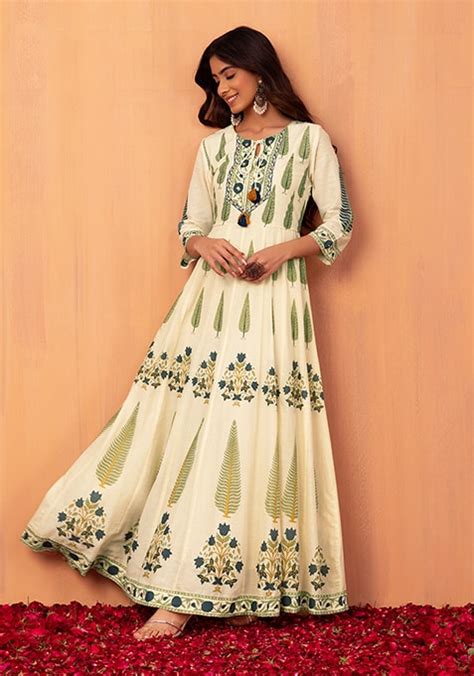 Buy Women Ivory Block Print Cotton Anarkali Kurta Aw23 Collection