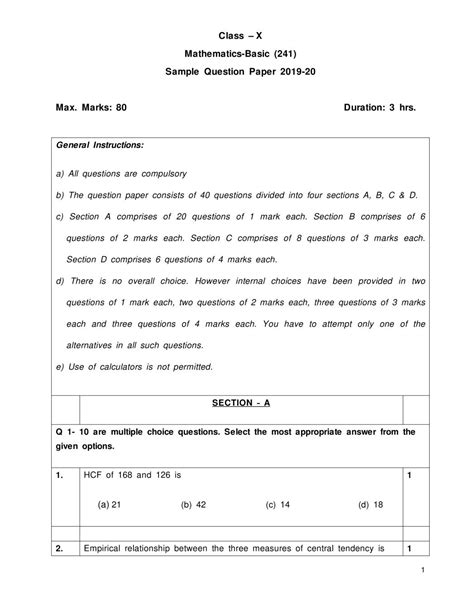 Cbse Class 10 Sample Paper 2020 For Mathematics Basic Hot Sex Picture