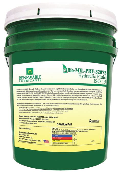 RENEWABLE LUBRICANTS Vegetable Oil Hydraulic Oil, 5 gal Pail, ISO Viscosity Grade : 15 - 21A475 ...