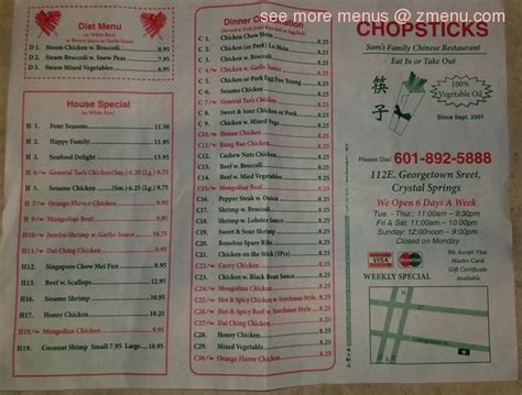 Menu at Chopsticks Chinese Restaurant, Crystal Springs