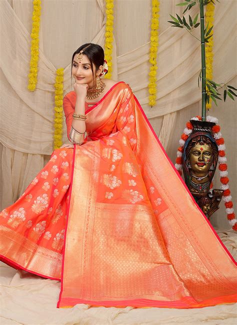 Buy Zari Weaving Patola Silk Orange Color Saree Festive Wear Online At