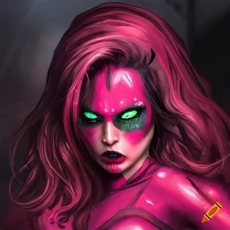 Illustration Of A Pink Widow Spider Woman With Black Hair And Green