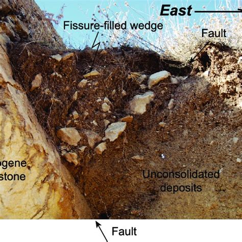 Fig.. A: Fault scarp at Yelpin. View is towards the north. B: Fault ...