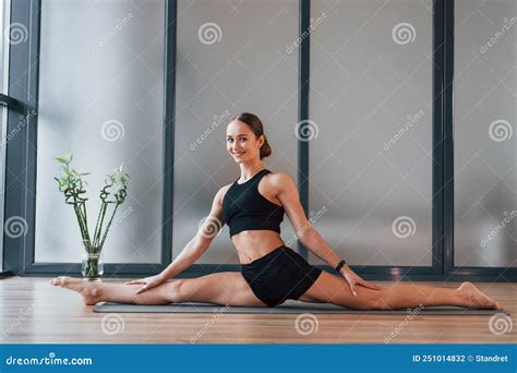 Good Stretching Young Woman In Sportive Wear And With Slim Body Have Fitness Yoga Day Indoors