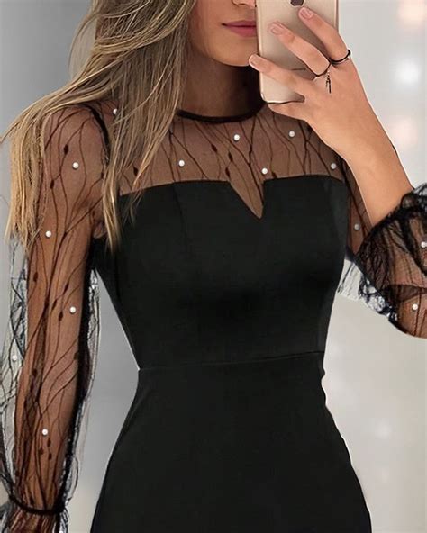 Sheer Mesh Beaded Bell Sleeve Bodycon Dress Bell Sleeve Bodycon Dress