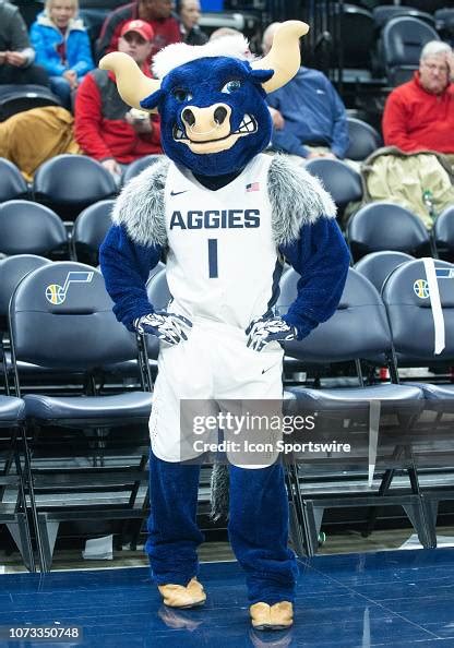 The Utah State mascot Big Blue just before a game between the Weber ...