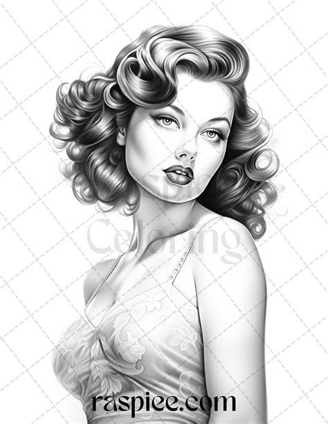 50 Vintage Pin Up Girls Grayscale Coloring Pages Printable For Adults Grayscale Coloring Pin