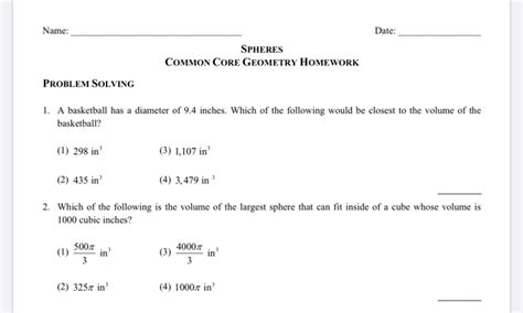 Solved Name Date SPHERES COMMON CORE GEOMETRY HOMEWORK Chegg