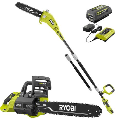 Ryobi 40v Hp Brushless 16 In Battery Chainsaw And 10 In Battery Pole Saw With 4 0 Ah Battery