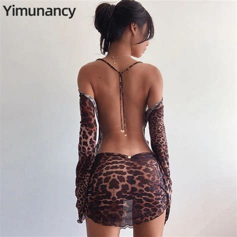 Yimunancy Leopard Print Backless Kleid Frauen Lange H Lse Mesh Kleid