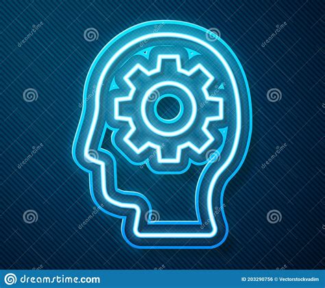 Glowing Neon Line Human Head With Gear Inside Icon Isolated On Blue