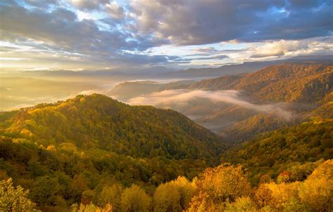 Wallpaper Autumn Clouds Landscape Mountains Nature Fog Forest For