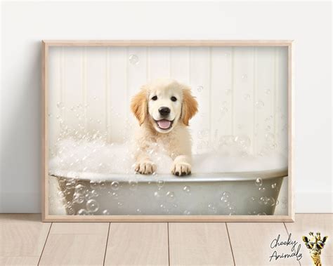 Golden Retriever Pup In The Bathtub Cute Dog Photograph Bubble Bath