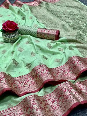 Pista Green Color Linen Silk Saree With Zari Work