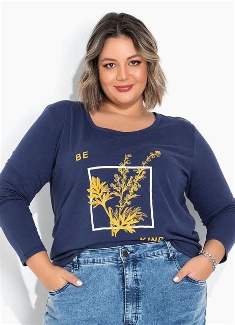 Blusa Azul Estampa Localizada Plus Size Marguerite