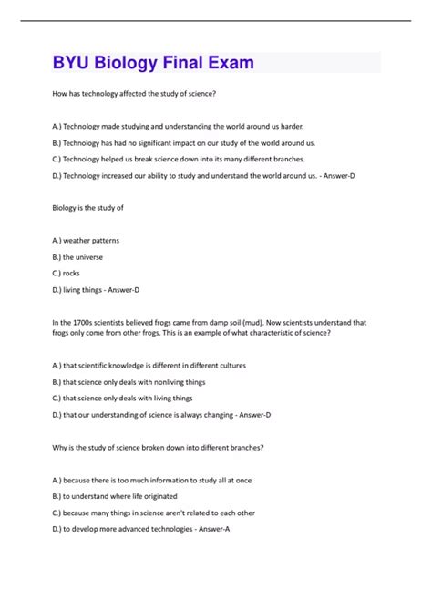 Byu Biology Final Exam Questions And Answers Passed Byu Biology
