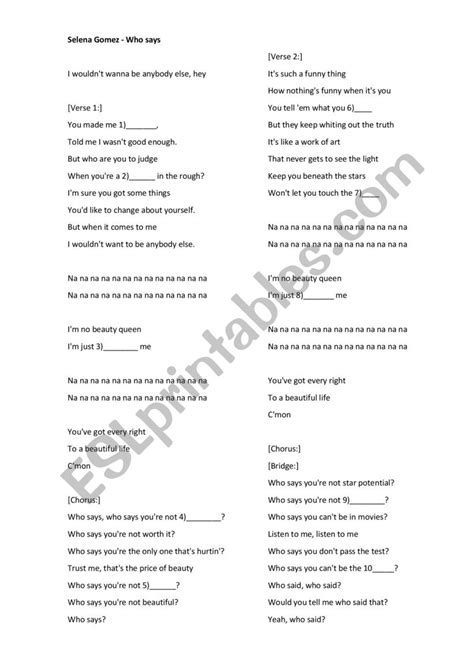 Song worksheet - Selena Gomez ´Who Says´ - ESL worksheet by shakhnoza25