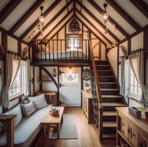 A Living Room Filled With Furniture Next To A Stair Case In A Loft