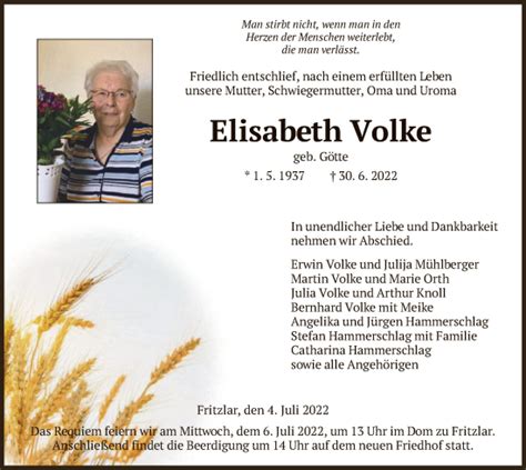 Traueranzeigen Von Elisabeth Volke Trauer Hna De