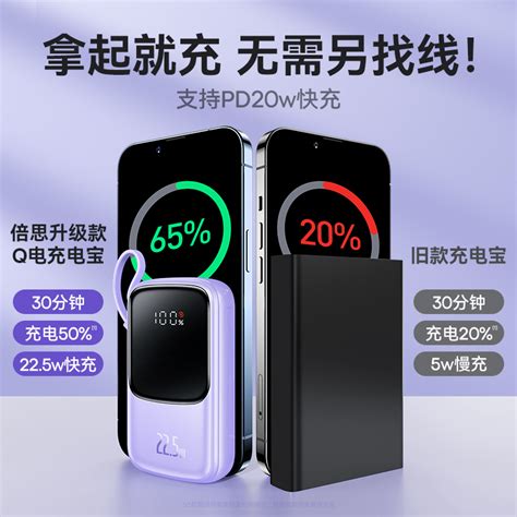 倍思充电宝自带线10000毫安20w快充pd手机移动电源小巧便携一万迷你适用于苹果小米华为13iphone12带数据线虎窝淘