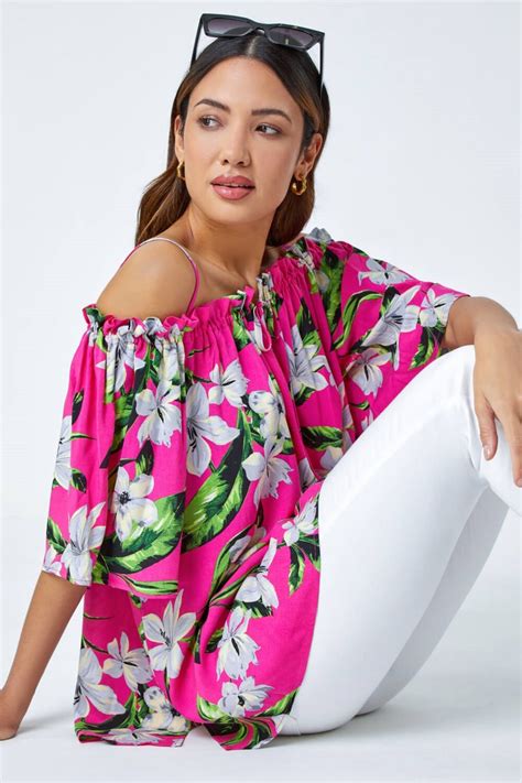 Roman Fuchsia Tropical Cold Shoulder Bardot Top Matalan