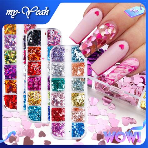 Myyeah 12 Grids Mixed Color Heart Shape Nail Art Glitter Flake Natural