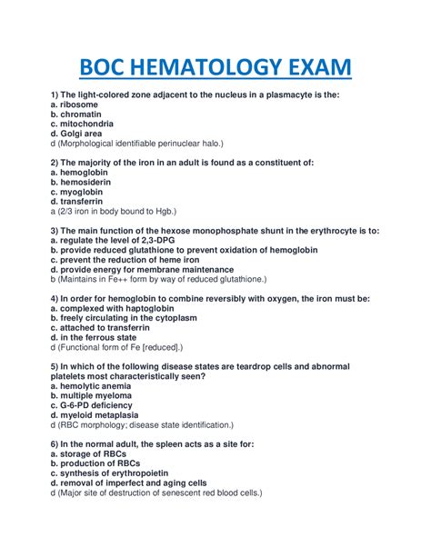 Hematology Exam Questions And Answers Exams Biology Docsity