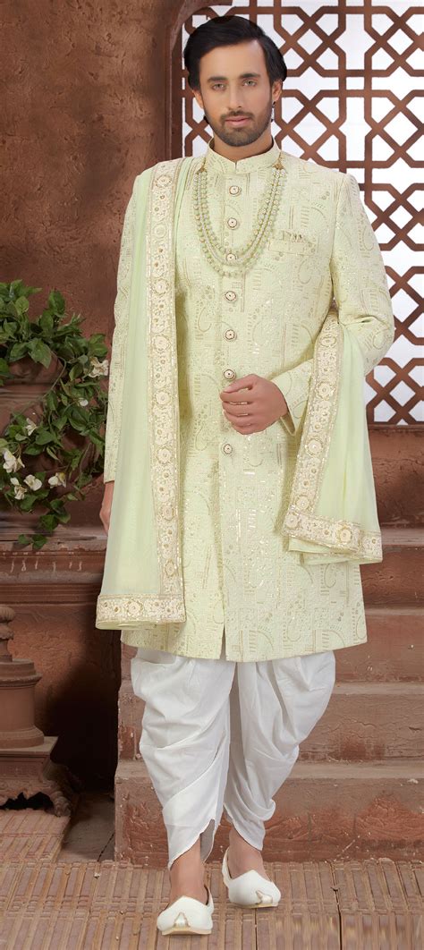 Green Color Art Silk Fabric Dhoti Sherwani