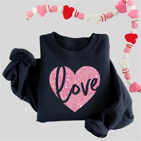 Pink Glitter Heart Sweatshirt Womens Valentines Day Sweater Glitter