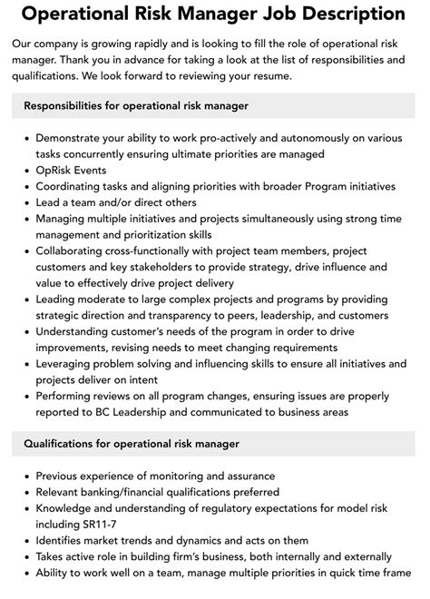 Operational Risk Manager Job Description Velvet Jobs