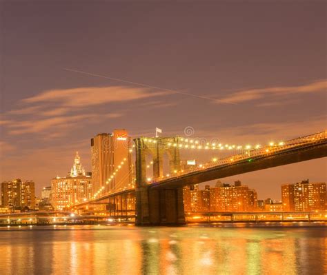 Night View Of Manhattan And Brooklyn Bridge Stock Image Image Of