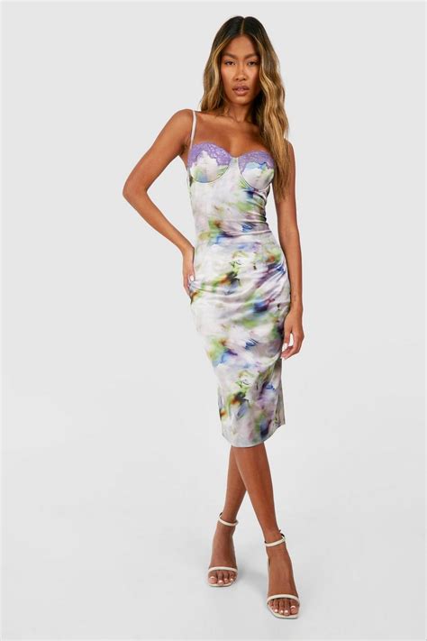 Floral Satin Corset Midi Dress Boohoo Uk