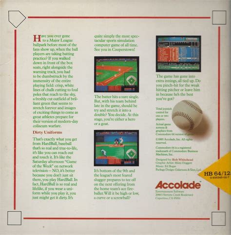 Hardball 1985 Box Cover Art Mobygames