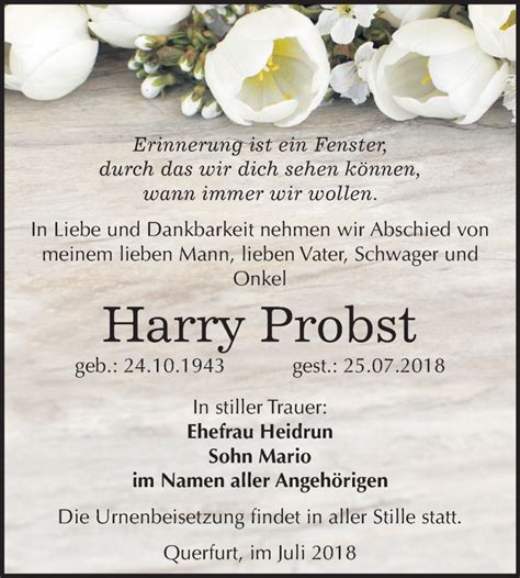 Traueranzeigen Von Harry Probst Abschied Nehmen De