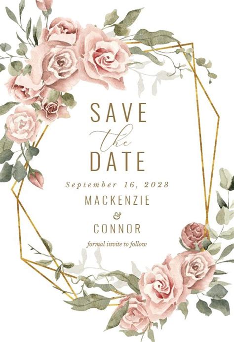 Save The Date Card With Pink Roses And Greenery