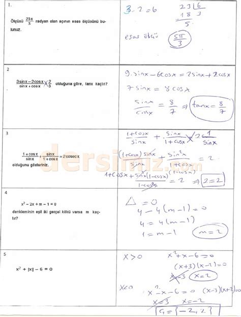 S N F Matematik Dersi D Nem Yaz L S Nav Sorular Ve Cevaplar