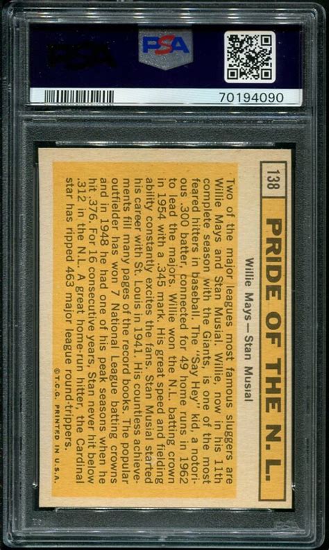 1963 Topps 138 Pride Of NL Willie Mays Stan Musial PSA 6 HOF 70194090