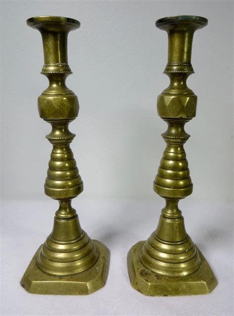 Vintage Antique Solid Brass Tall Candlesticks Pair Made In England