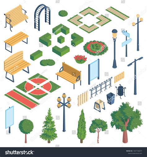 Isometric City Park Elements Set Isolated Stock Vector Royalty Free