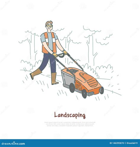 Gardener Mowing Lawn Handyman Cutting Grass With Lawn Mower Worker