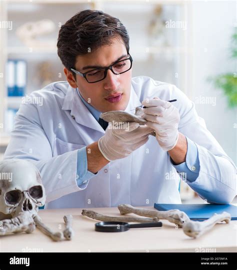 El profesor estudiando esqueleto humano en el laboratorio Fotografía de