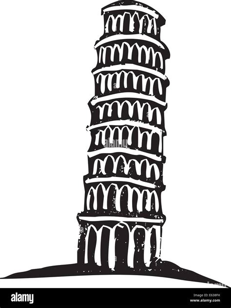 Xilografía en blanco y negro estilo ilustración de la torre inclinada