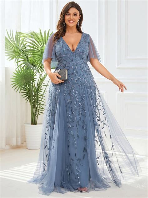 Plus Size Romantic Shimmery V Neck Ruffle Sleeves Evening Gown