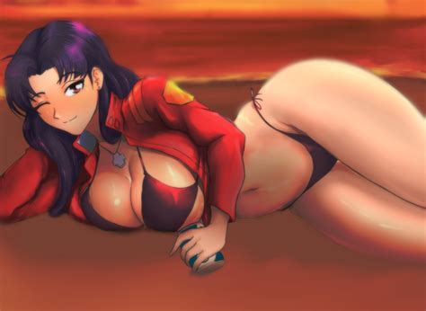 Katsuragi Misato Neon Genesis Evangelion Highres Girl Ass Beach Bikini Black Bikini