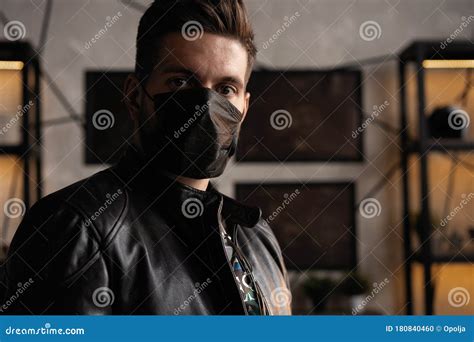 Handsome Young Manin Black Mask Fashionable Man In Leather Jacket