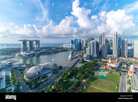 Aerial View Of Cloudy Sky At Marina Bay Singapore City Skyline Stock