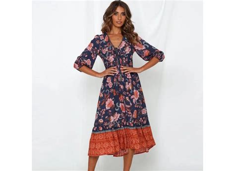 2019 Verão Boho Chique Longo Dress Mulheres Sexy V Pescoço Lace Up