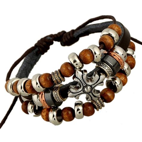 TEMEGO Jewelry Mens Womens Genuine Leather Vintage Gothic Wood Beads