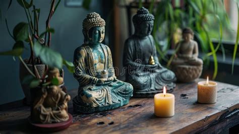 Three Statues Of Buddhas And Candle On The Table Stock Image Image Of