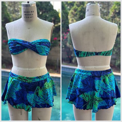 Vintage S Blue Tropical Leaf Bikini Catalina Size Small Two Piece